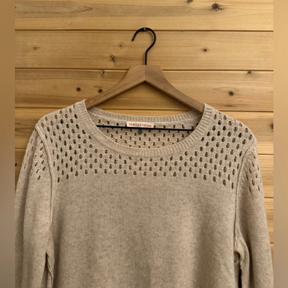 Rebecca Taylor Large Tan Wool Cashmere Blend Crewneck Sweater Cozy Winter Fall